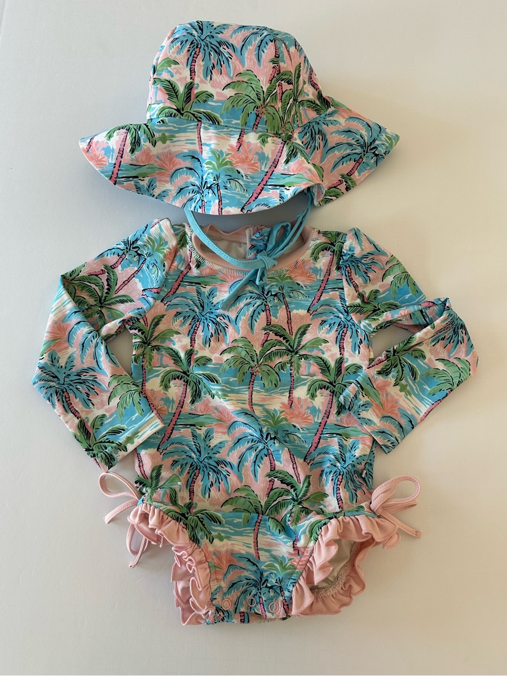 Caden Lane Toddler Girls Pastel Palms Long Sleeve Ruffle Swim Suit With Hat 2T